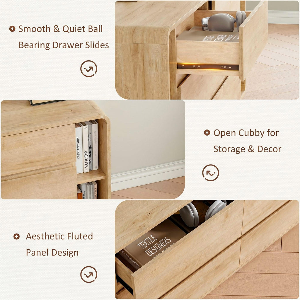 63 Inch 6 Drawer Dresser with Shelves Rounded Corner, Natural Oak