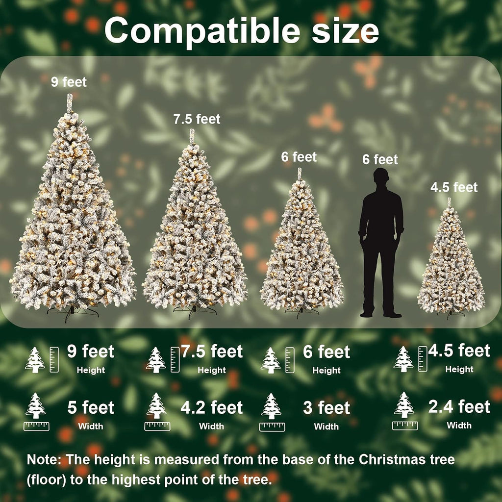 Snow Flocked Christmas Tree, Prelit Artificial Xmas Tree with 1500 Branch Tips and 550 Warm White Lights, Metal