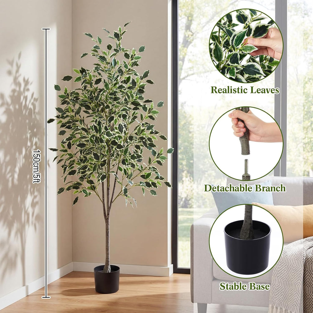 5ft Artificial Ficus Tree Faux Realistic Plants with Silk Leaves and Texture Trunks Fake Ficus Tree Decor Indoor