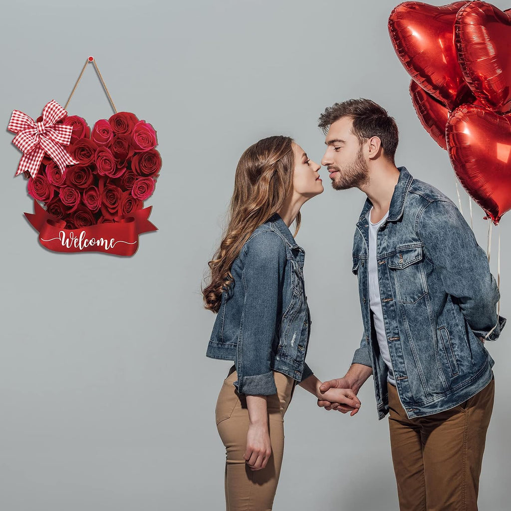 Valentine's Day Wooden Hanging Welcome Sign Romantic Retro Rose Door Decor Rustic Farmhouse Wreath Sign Door
