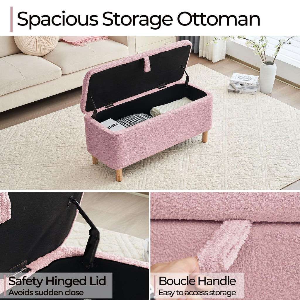 Boucle Storage Ottoman Bench end of Bed, Sherpa Upholstered Shoe Seat Storage Bench Bed Foot, Rectangle Cushion