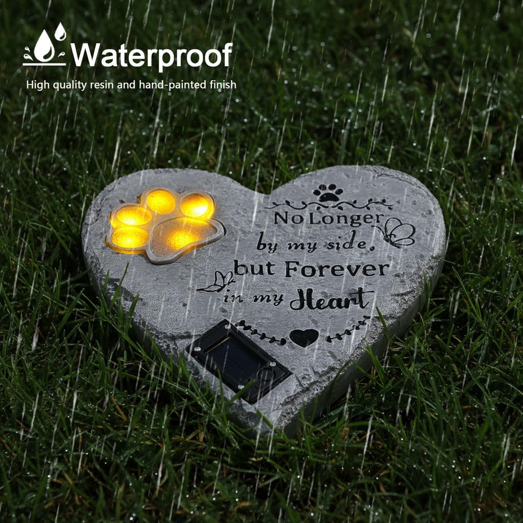 Pet Memorial Stone Solar Lighted Glowing Paw Print Heart Statue 10"