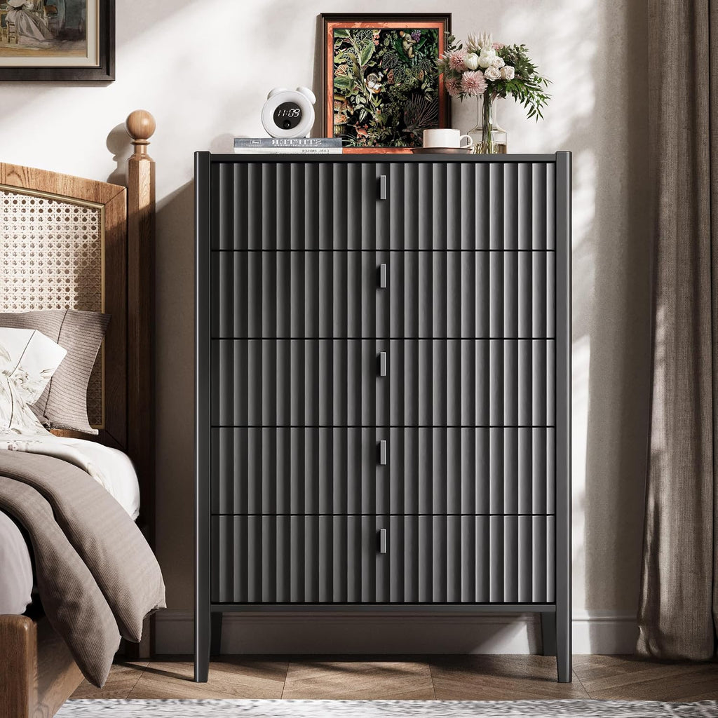 Black 5 Drawer Dresser, Modern Tall Dresser , Fluted Wood Chest of Drawers with Deep Drawers for Clothes, Storage