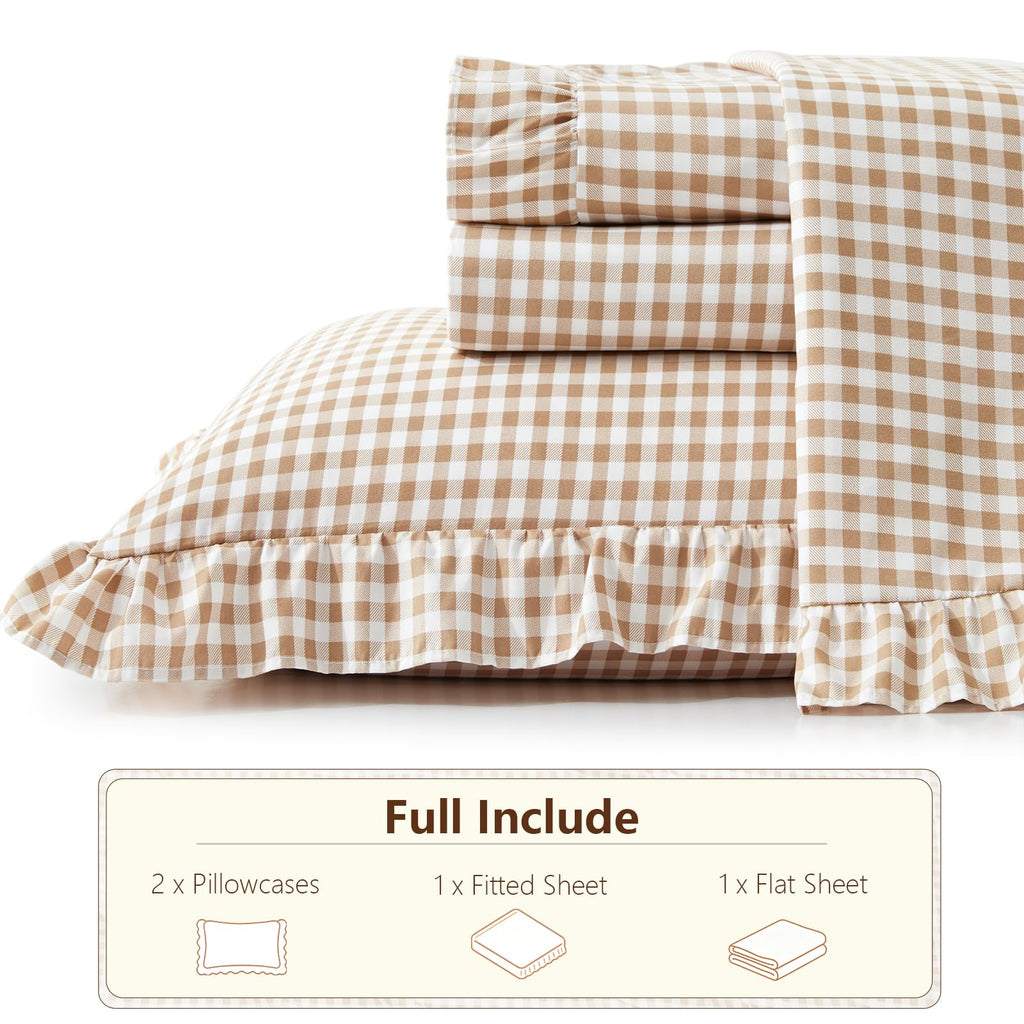 Gingham Ruffle Sheet Set, Taupe Microfiber Plaid Bed Sheets