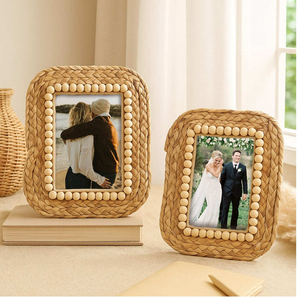 2 Pcs Wicker Weave Picture Frames Boho 5 x 7, 4 x 6 Inch