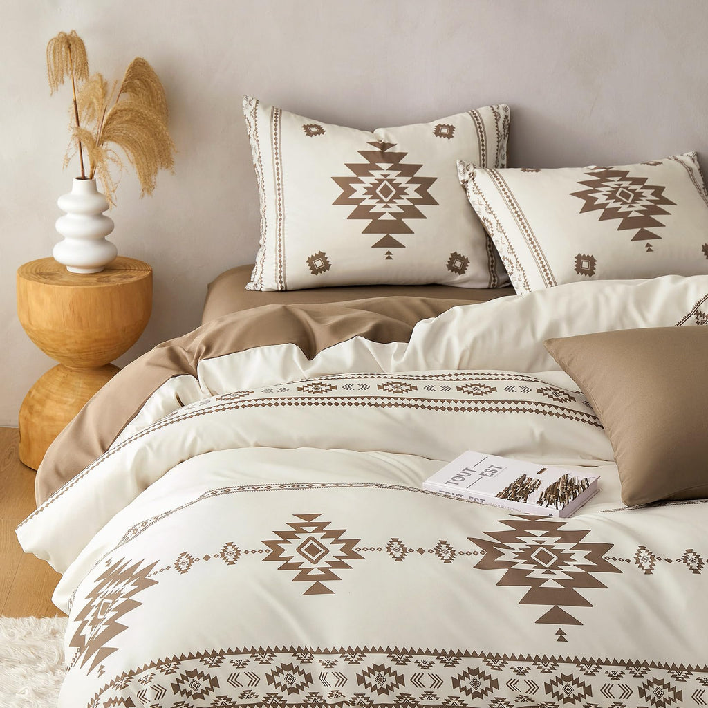 Western Comforter Set, Boho Southwestern Farmhouse Style with Aztec Diamond Geometric Pattern, Soft Lightweight