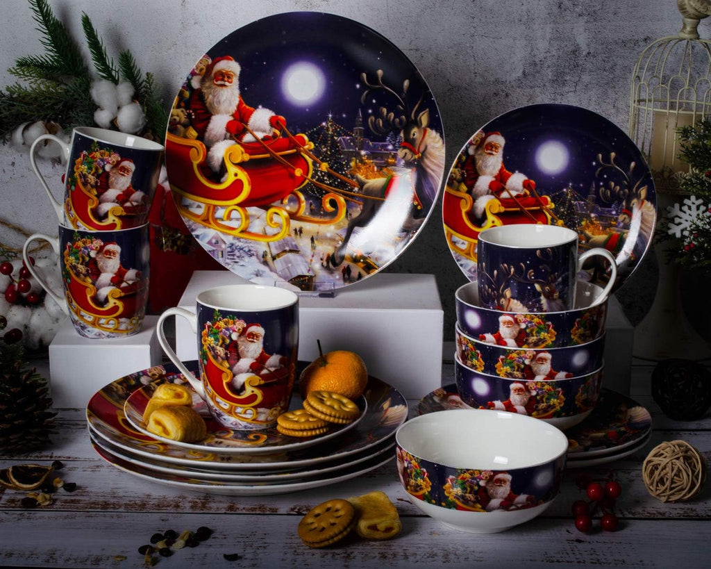 Porcelain Dinnerware Sets Christmas Gecorations Gift Theme Ceramic Plates Bowls16 Piece Dinner Service Sets (Blue)