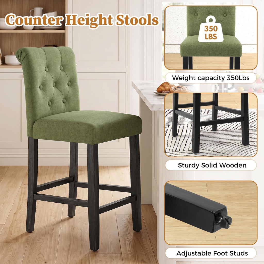 24" Barstools Set of 2, Green Bar Chairs with Button Tufted Back