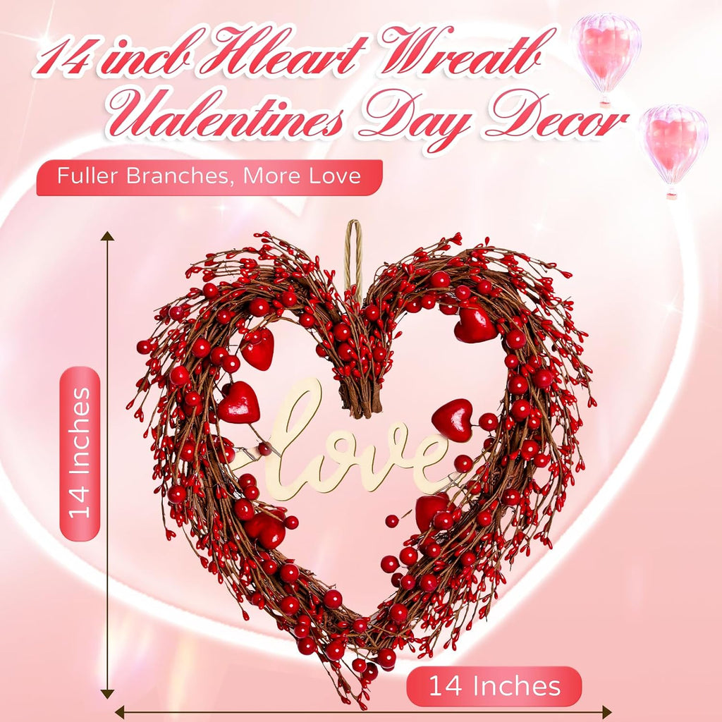 Valentines Day Wreaths for Front Door,14 Inches Artificial Red Berries Valentine Heart Shaped Wreath Decor with Love