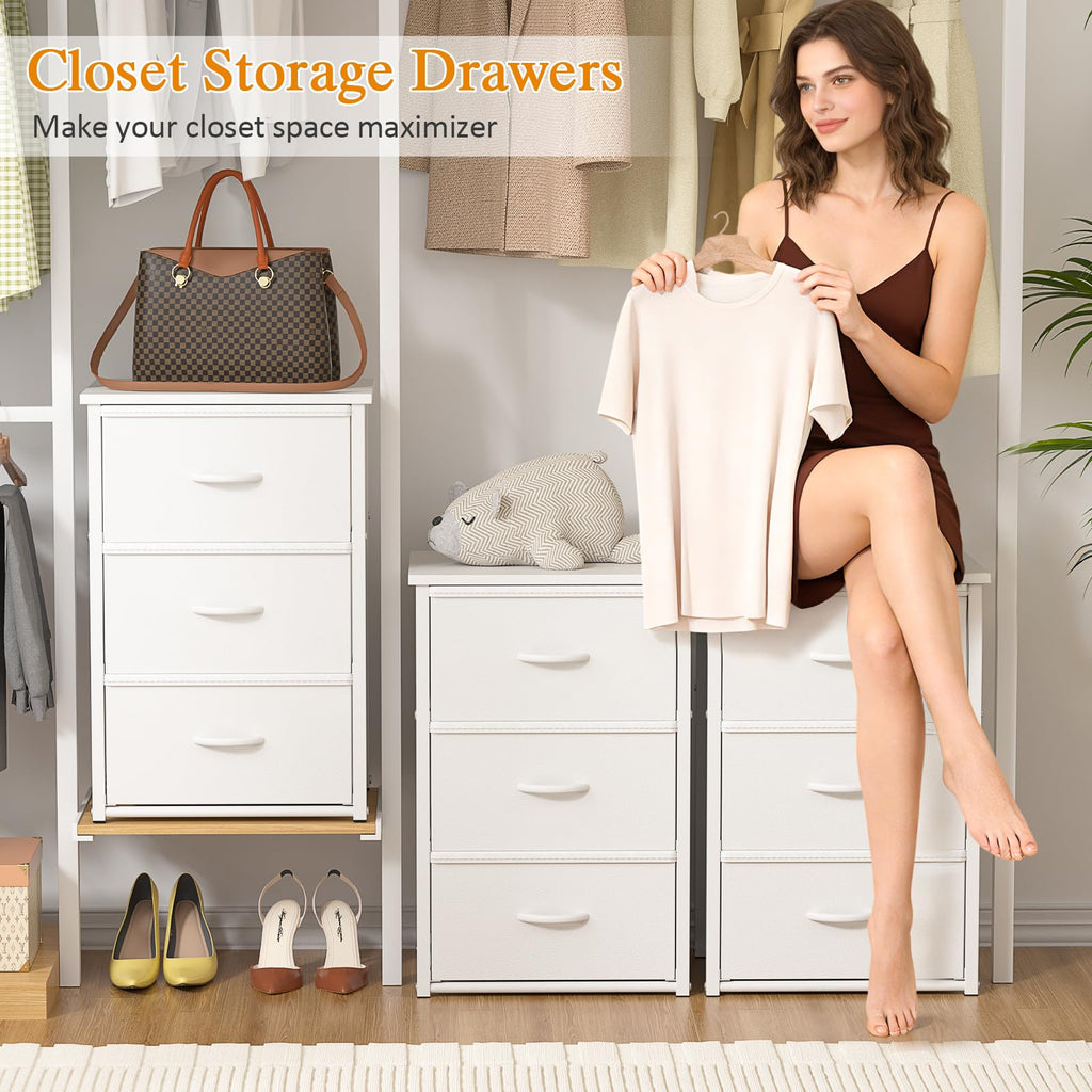 2-Pack Stackable Storage Drawers (6 Drawers Total), White Closet Drawers Organizer for Clothes with Wooden Top &