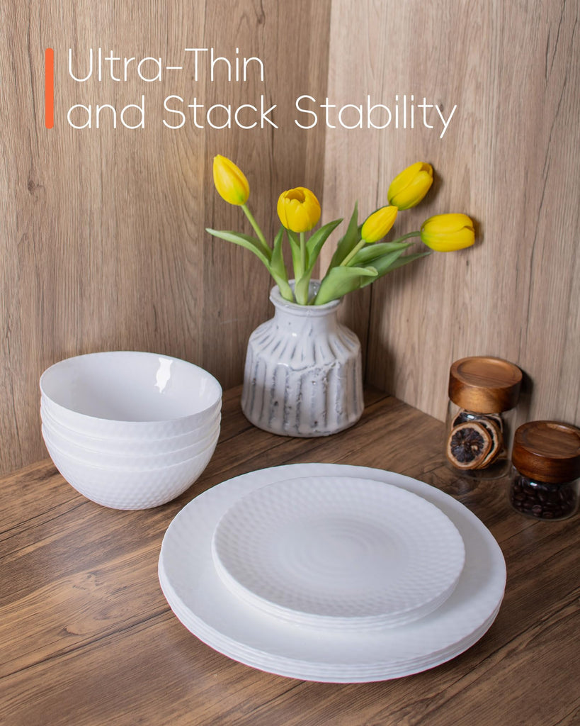 Dinnerware Sets for 4, 12 Piece White Opal Glass Dish Set