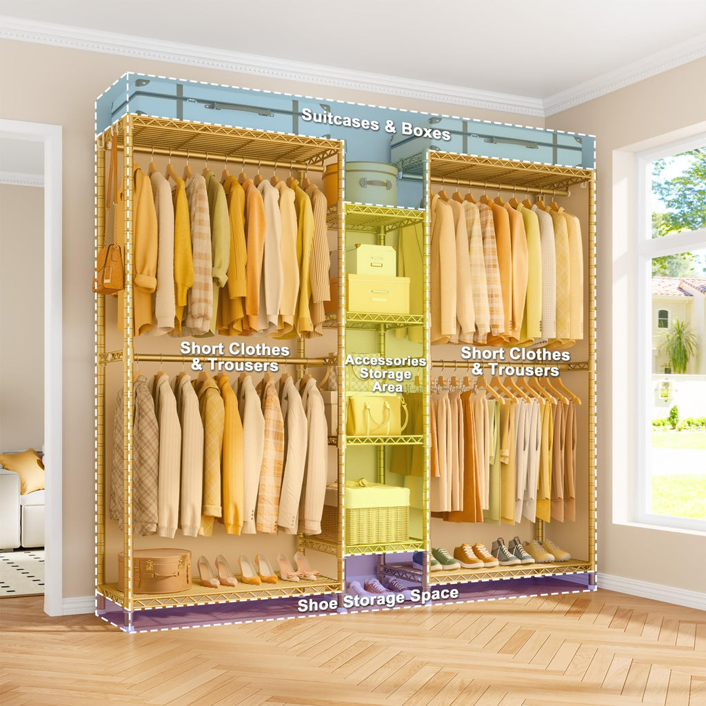 E4L Corner Clothes Rack, L Shaped Garment Rack, Heavy-Duty Freestanding Closet System with Shelves and Hangers, Max