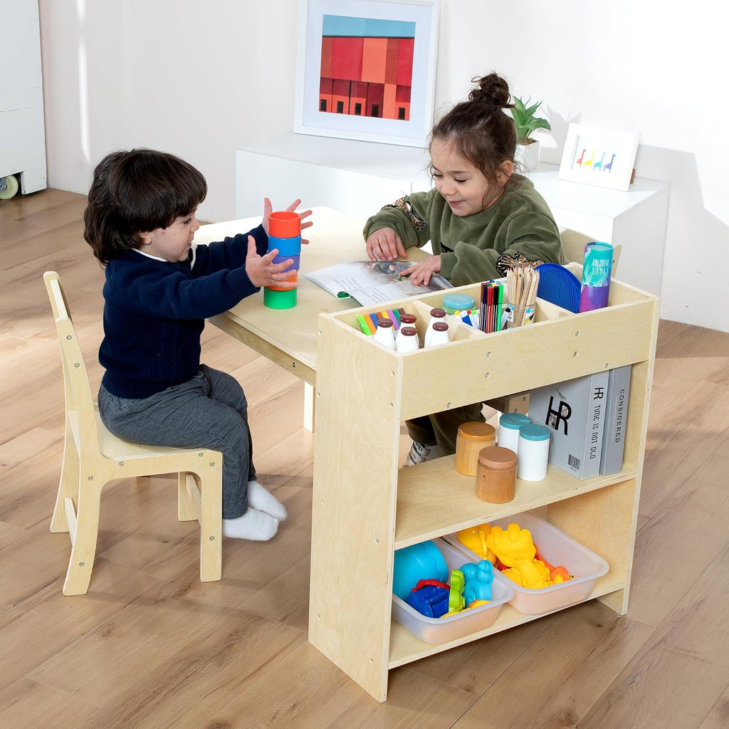 Kids Art Table and Chair Set, Birch Wooden Activity Craft Table, Kids Drawing Table, Toddler Desk with Storage and 1