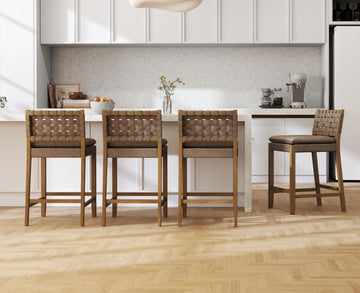 Mid Century Rattan Bar Stools Set of 4 Modern Farmhouse Barstools with Leather Woven Backs 26 Inch Wooden Counter