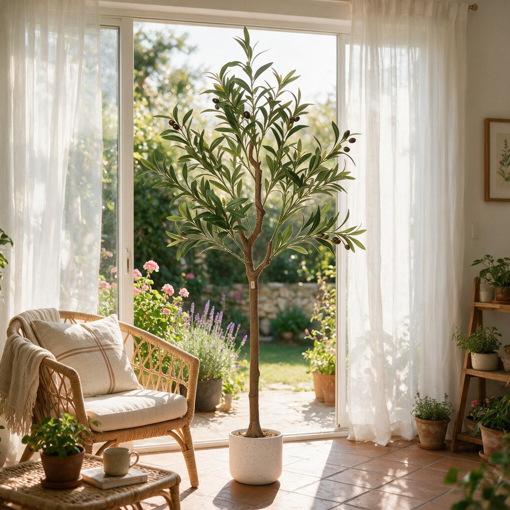 4FT Faux Olive Tree, Indoor Artificial Potted Olive Tree with White Planter, Lifelike 14 Fruits and Realistic Leaves
