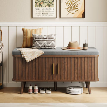 Shoe Storage Bench with Cushion and Sliding Doors, 39 Inch Shoe Bench with Storage, Freestanding Entryway Bench with