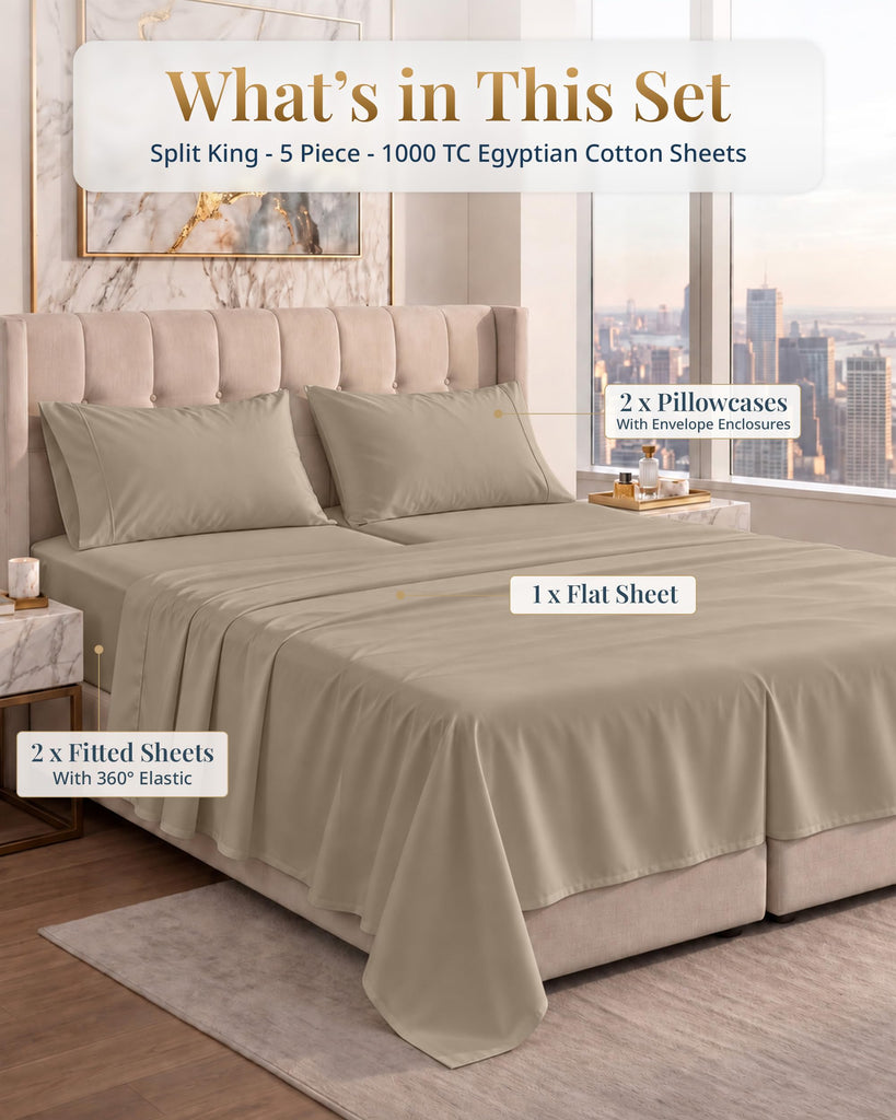 Split King Cooling Sheets 100% Egyptian Cotton Sateen - Taupe
