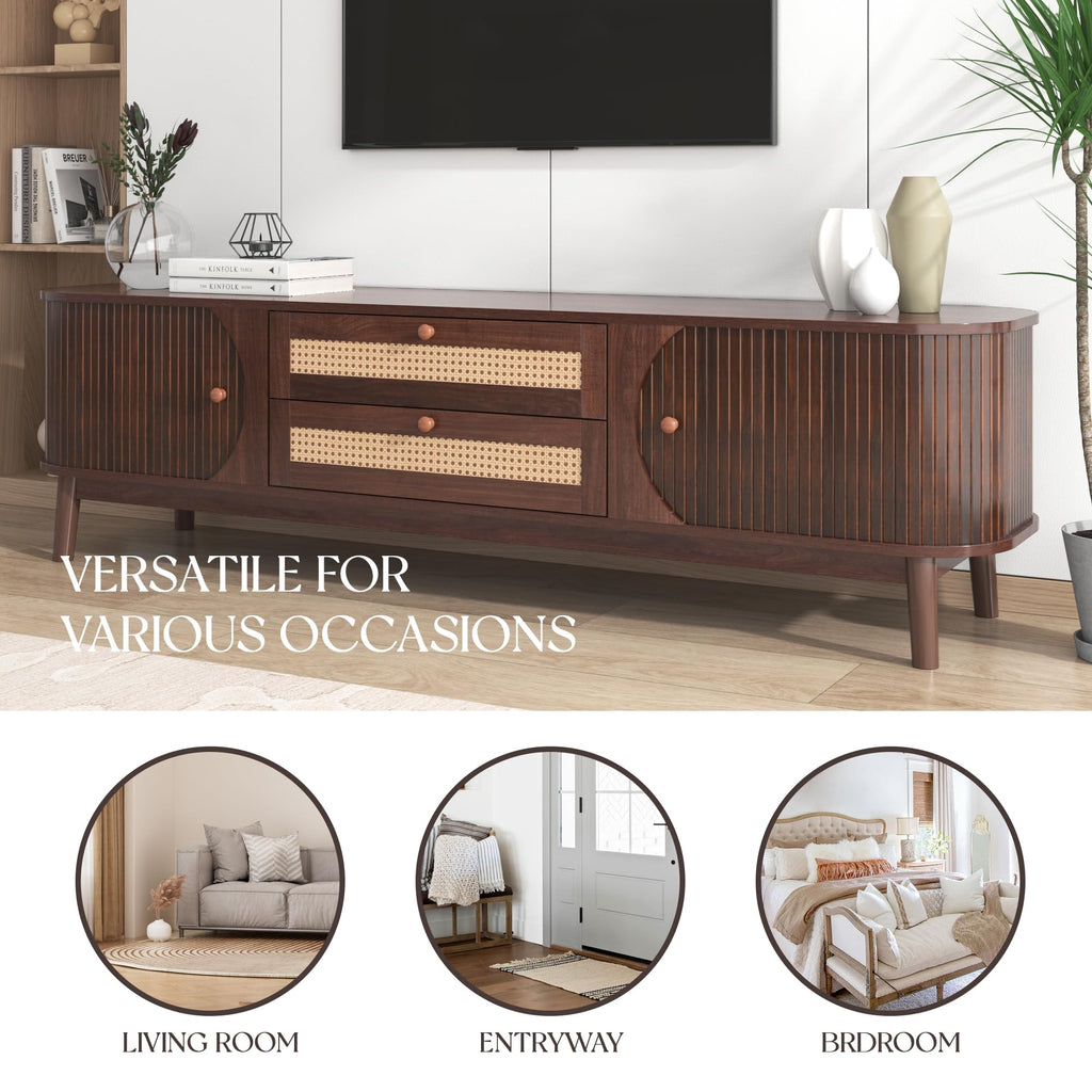 Rattan TV Stand for TVs up to 75", Modern Farmhouse Media Console with Multi-Functional Storage, Boho Entertainment
