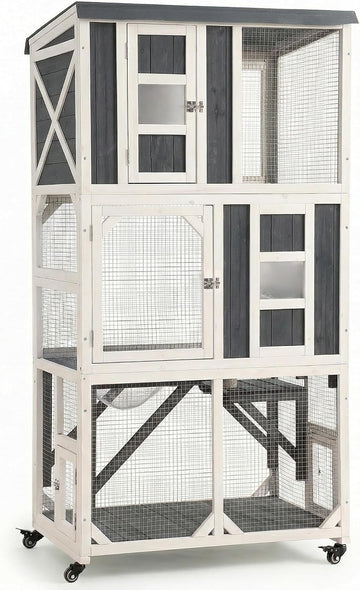 63.5" H Outdoor Cat Enclosure, Wooden Window Catio with Wheels