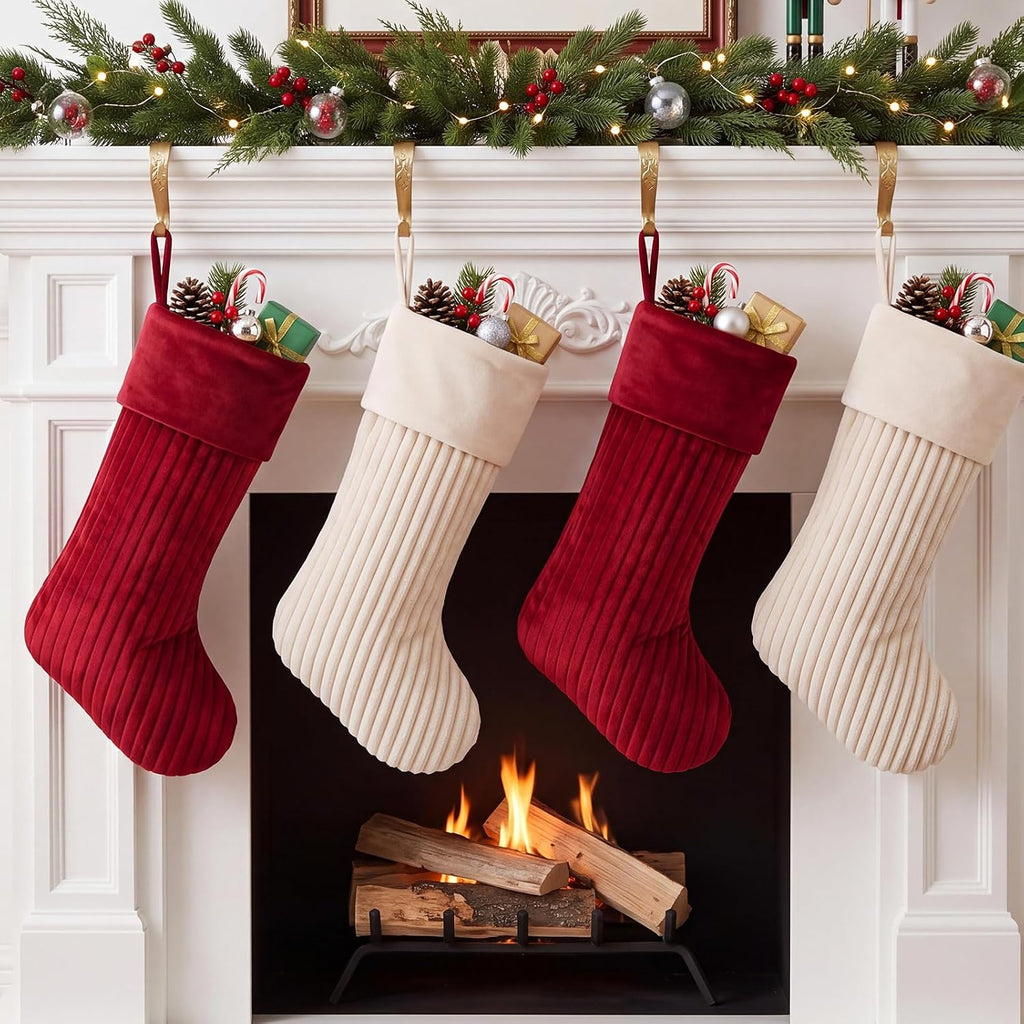 4 Christmas Stockings Set 19 Inch Velvet Quilted Stocking, Red,White
