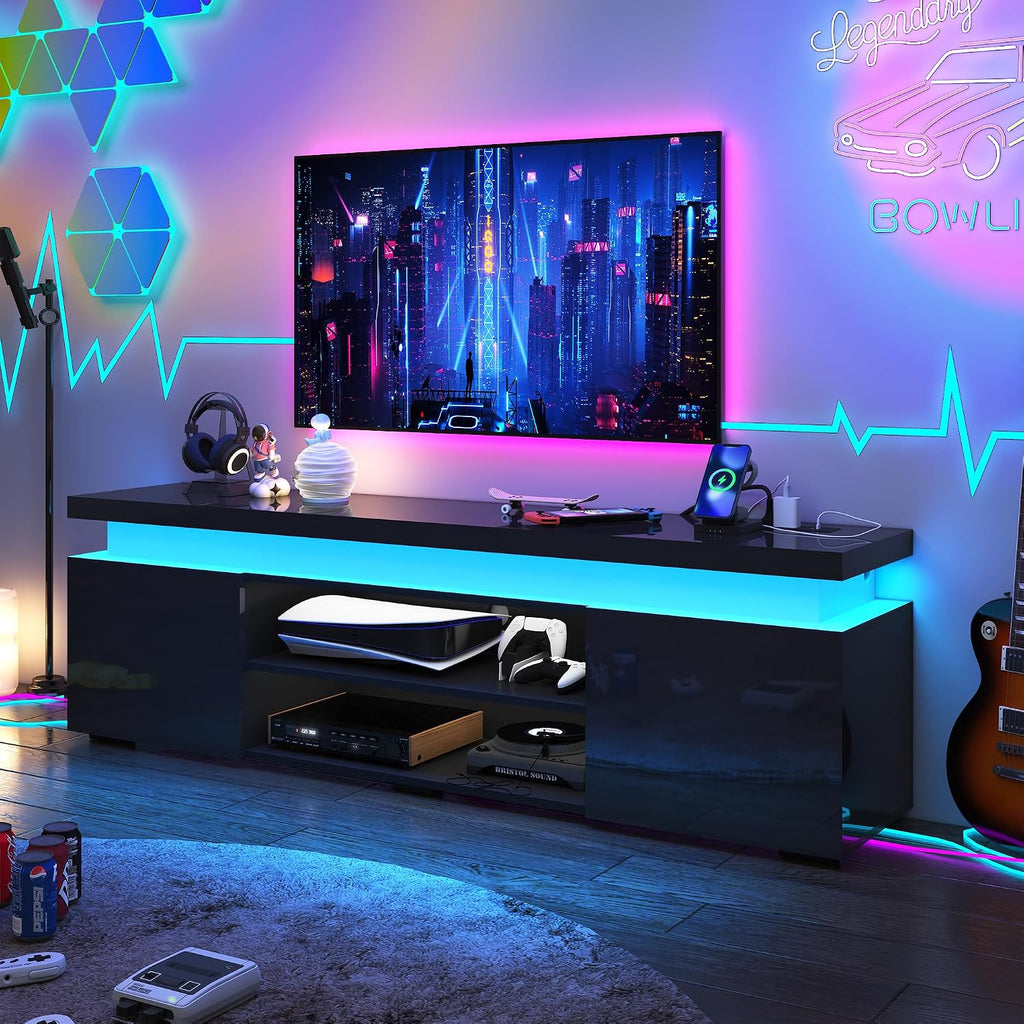 LED TV Stand for 75 Inch TV, Modern TV Stand with Power Outlet, High Gloss TV Console Entertainment Center with