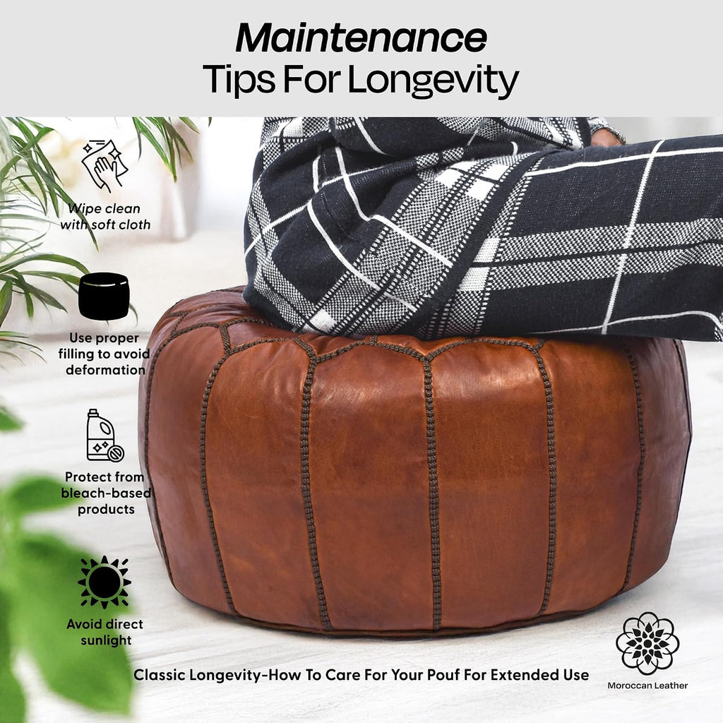 Pouf Ottoman Cover, Unstuffed Foot Stool, Round Boho Footrest Decor Gift (Dark Tan By Brown)