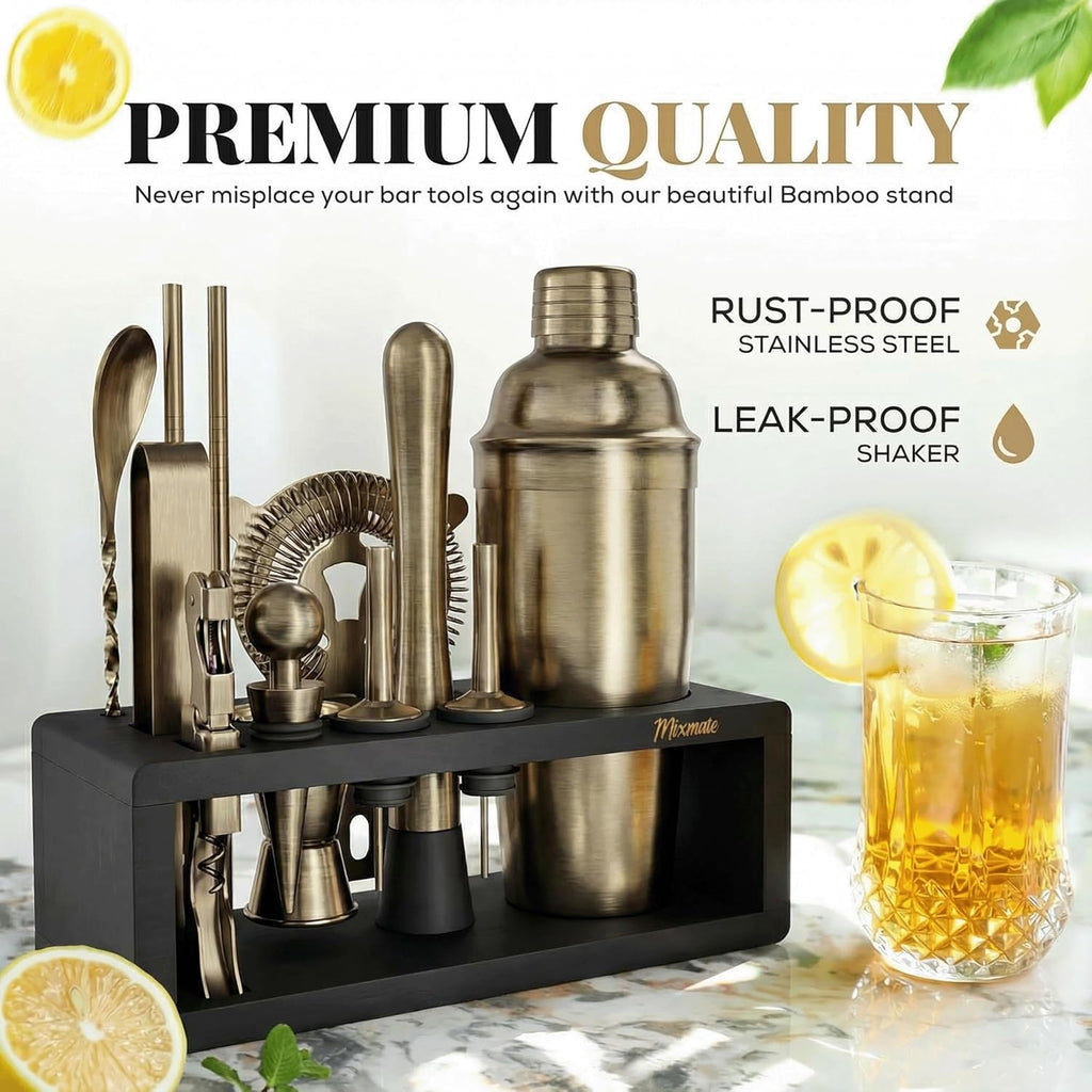 Brushed Brass Mixology Kit - Bar Tool Set, Silver Bar Set Cocktail Shaker Set for Drink Mixing - Includes - Set of 15
