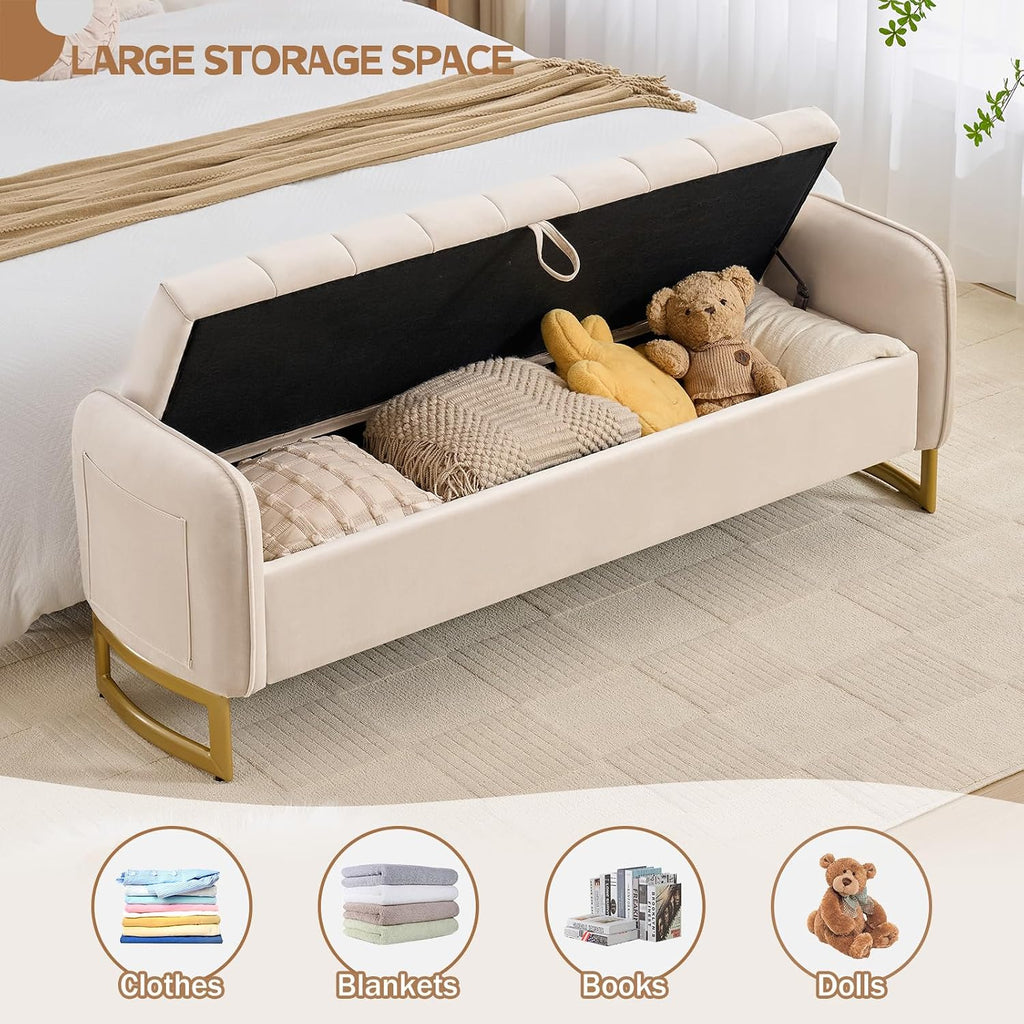 66" End of Bed Storage Bench King Size, Storage Benches , Beige | Velvet Foot of Bed Bech, Upholstered Storage
