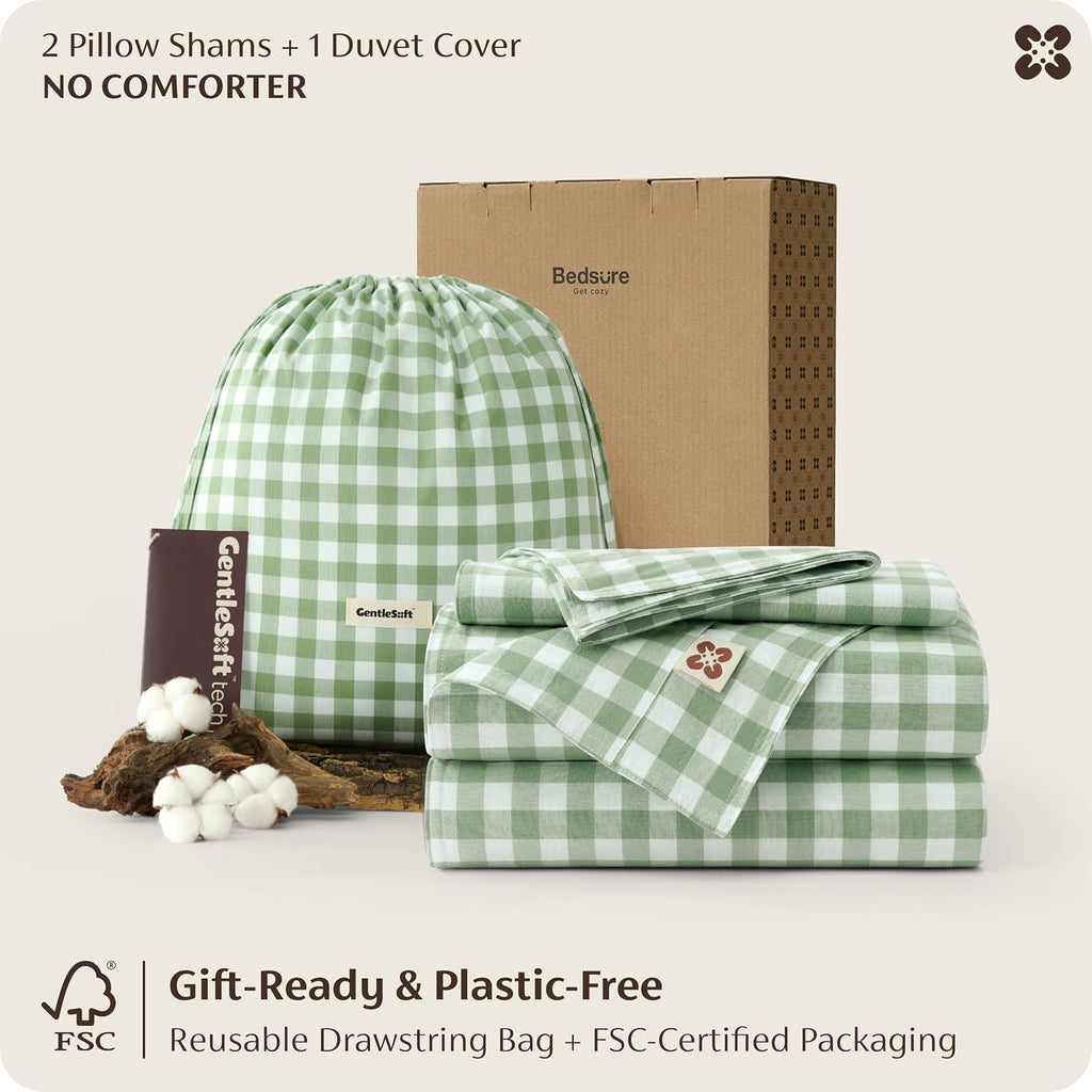 Gingham Duvet Cover Queen, 100% Washed Cotton Duvet Cover Linen‑Like, PureWoven with Reversible Yarn‑Dyed Design & Double‑Stitch Craft, 3-Piece with Zipper, Gingham Willow Green, 90"x90"