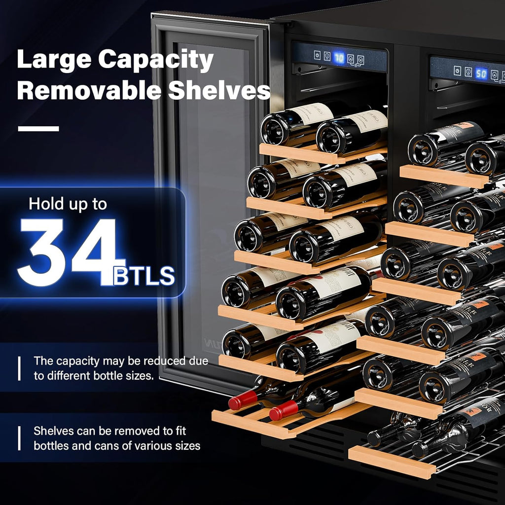 Dual Zone Wine and Beverage Refrigerator, 34 Bottle Wine Fridge with 2 Glass Doo