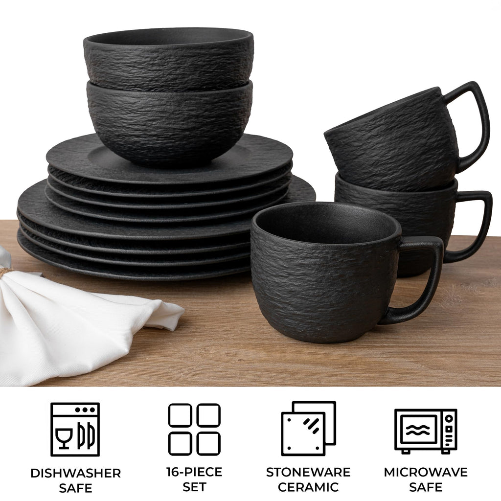 Dinnerware Set/Ceramic Tableware Set (16-Piece) - Oasis (Black)