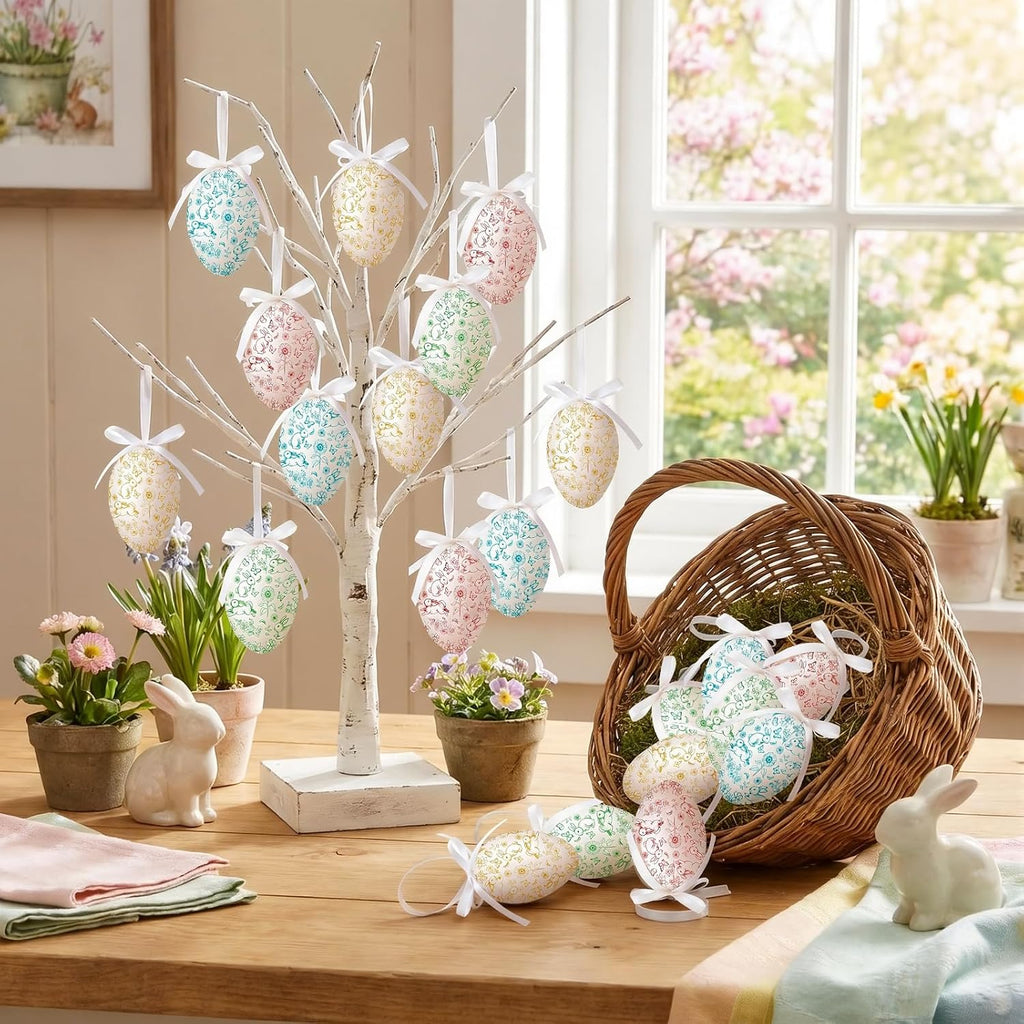 Easter Eggs Hanging Colorful Ornament, Toile de Jouy Style - Set of 24