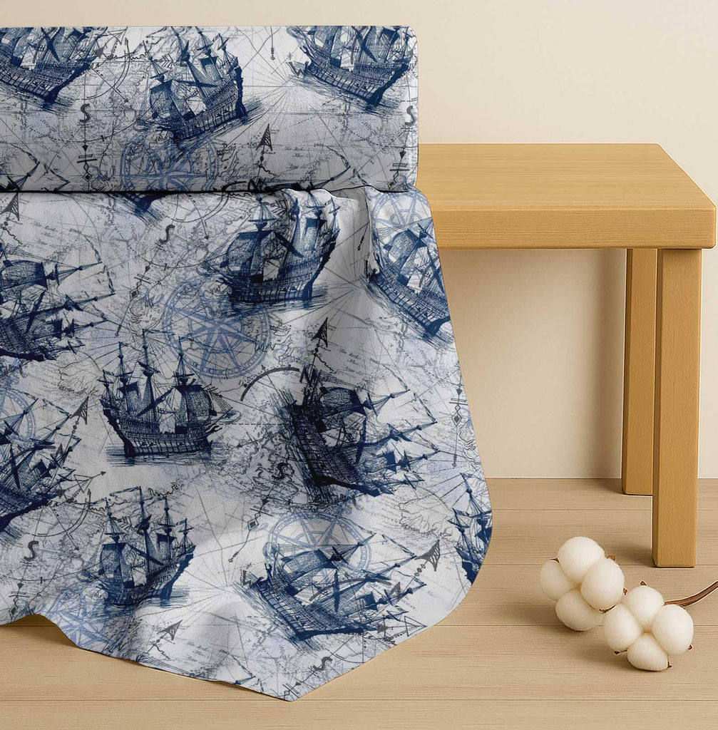 Cotton Poplin Blue Fabric - by The Yard - 56 Inch Wide - Ship & Direction Compass Nautical Fabric - Nautical