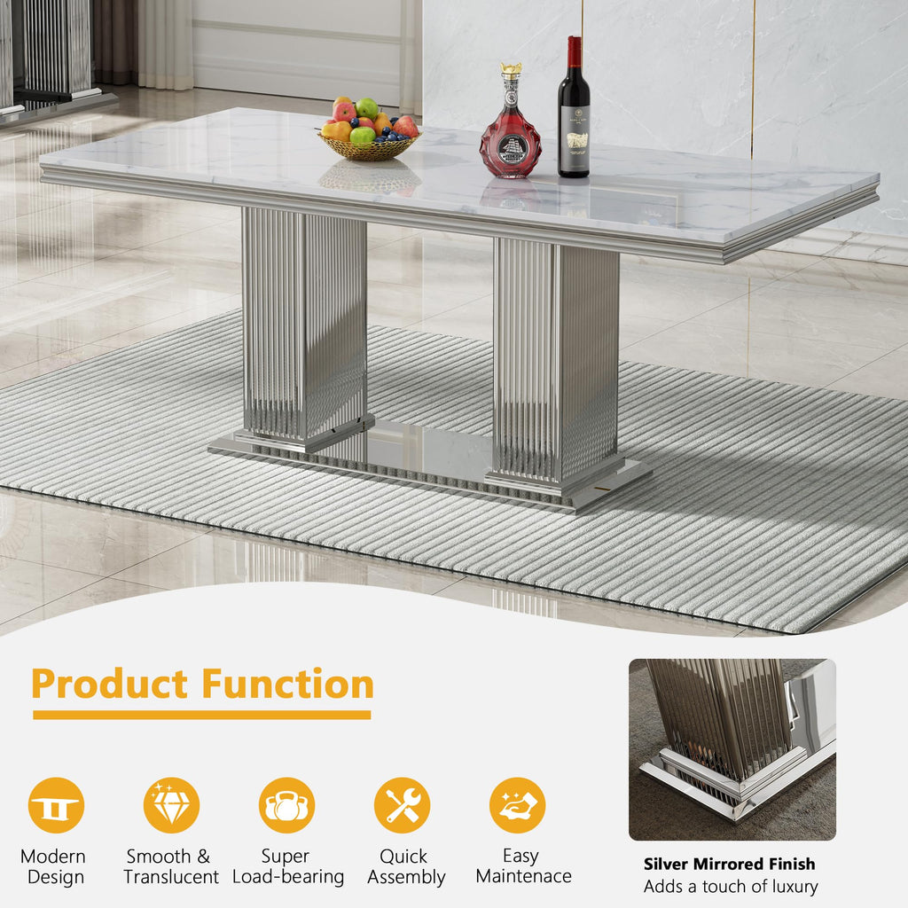 White Marble Dining Table Set for 6, 68 inch White Marble Table with Silver Double Column Stainless Steel Base, Faux