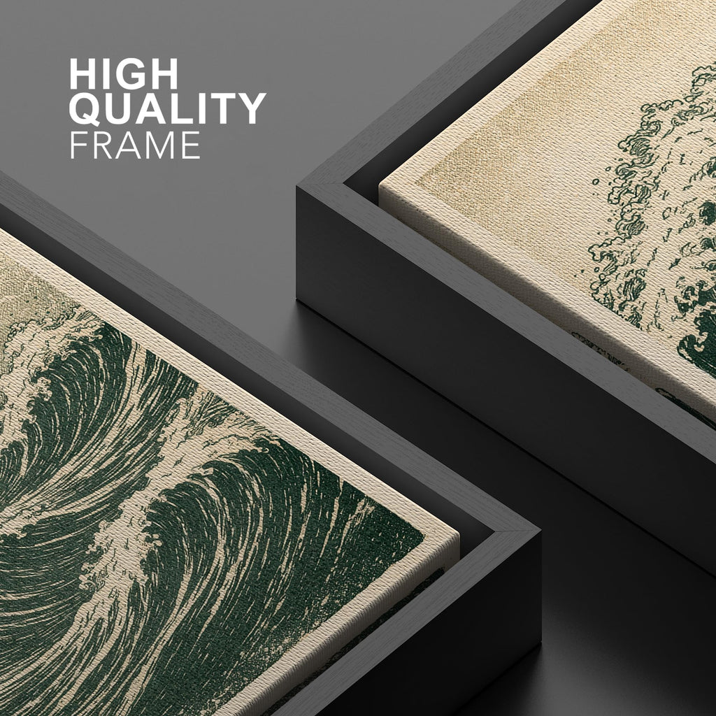 Framed Vintage Ocean Wave with Seagulls Coastal Nature Wilderness Modern Art Decorative - 24"x36" BLACK