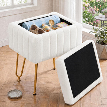 Vanity Stool Chair Faux Fur with Storage, Soft Ottoman 4 Metal Legs with Anti-Slip Feet, Makeup Cute Soft Small