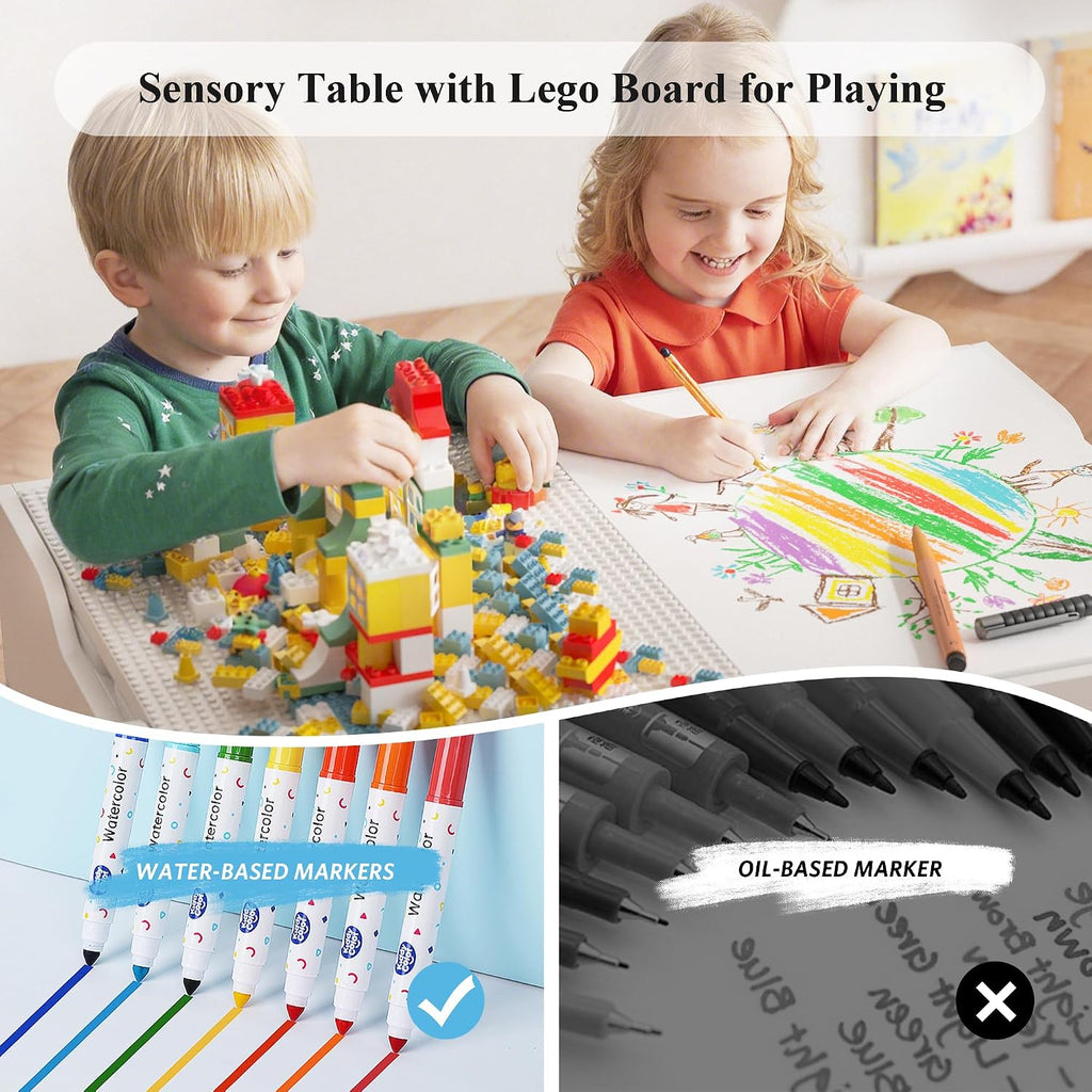 Kid Sensory Table with Storage - Activity Table with Building Block Boards & Foldable Storage Bins, Birthday Gifts