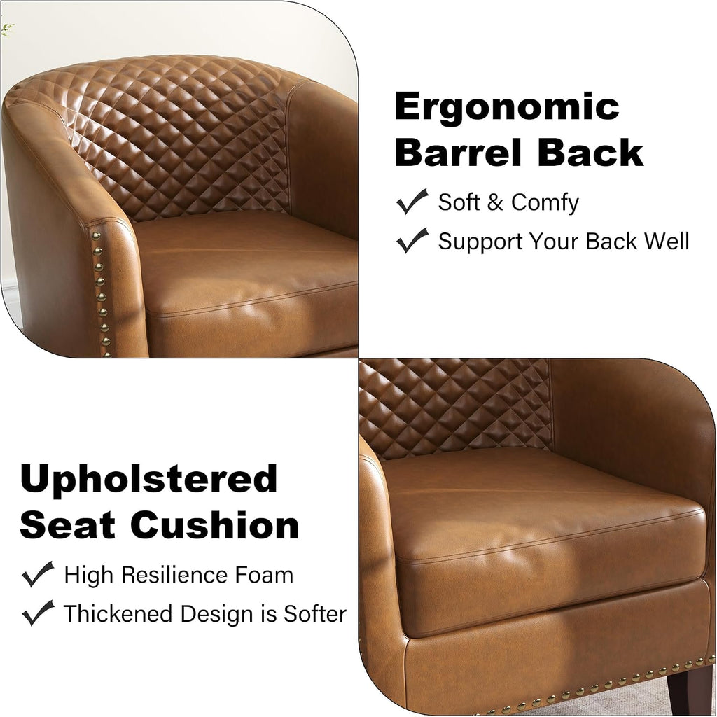 Faux Leather Barrel Accent Chair with Nailhead, Light Browm - Set of 2