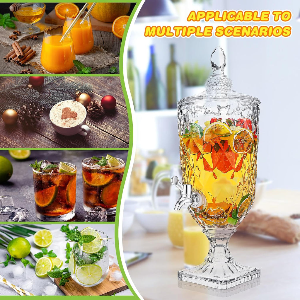 0.8 Gallon Drink Dispensers for Parties with Stand and Spigot Vintage Iced Beverage Dispenser Crystal Drink - Set of 2