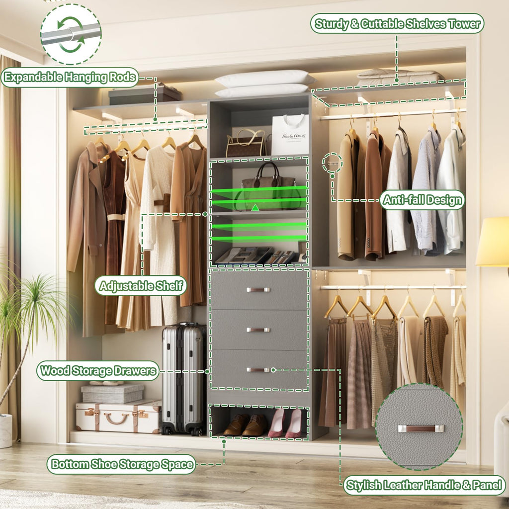 Closet System with Drawer - 8FT Wood Closet Organizer System with 3 Hanging Rods and Shelving Tower, 96" Walk In