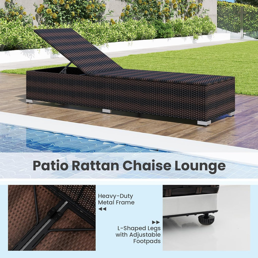 Outdoor Chaise Lounge, Patio Wicker Lounge Chair w/ 4-Level Backrest, Heavy-Duty Metal Frame, Outside Rattan