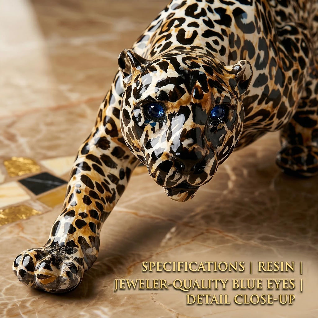 Modern Leopard Statue Home Decor - 15.4" Long Safari Animal Sculpture Figurine - Elegant Cheetah Panther Accent Desk