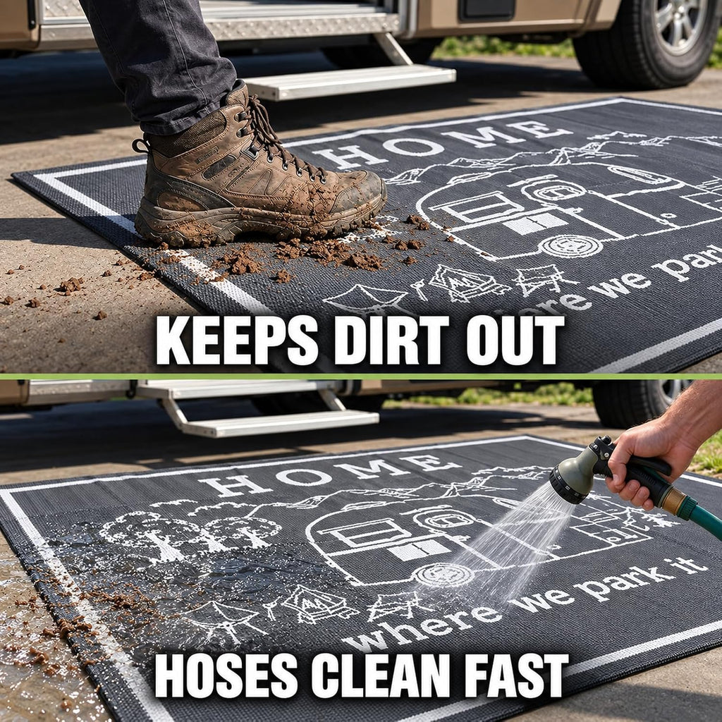 9x12 FT RV Outdoor Rug - Home is Where We Park It Reversible Camper Mat - Waterproof Plastic Straw Camping Rug with