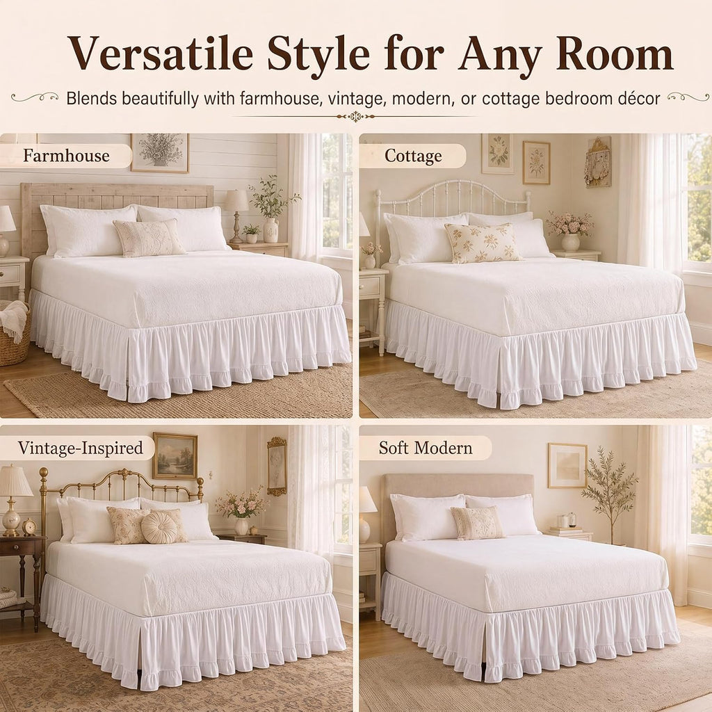 White Ruffled Queen Bed Skirt, 14 Inch Drop, Split Corners, Boho | Fits 60 x 80 in Queen Beds; 3 Sided Coverage;