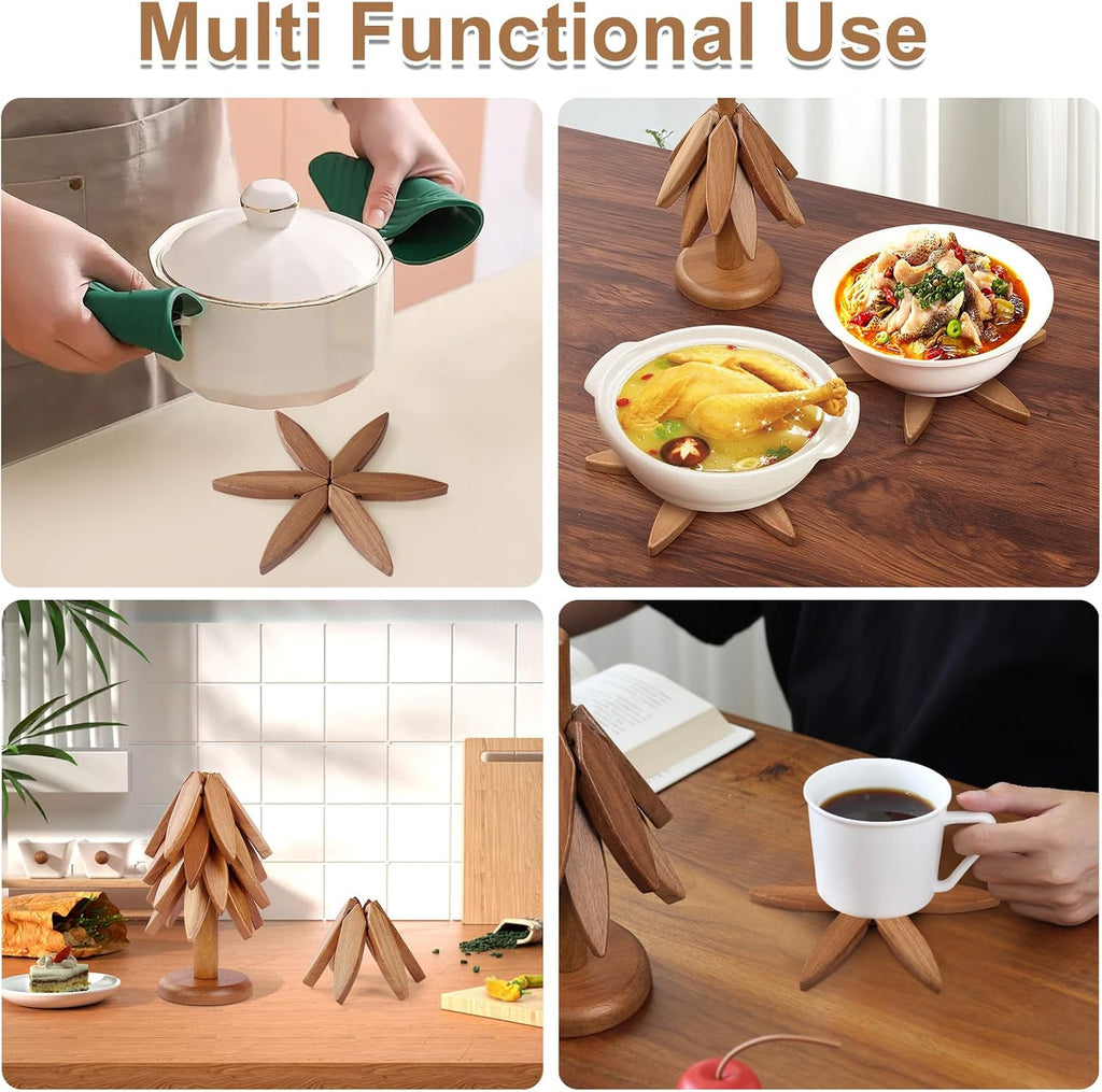 OKOM Wooden Trivets for Hot Dishes - 4+ Tree Shape Set, Foldable Hot Pot Holders Decor and Use (Beech) - Set of 5
