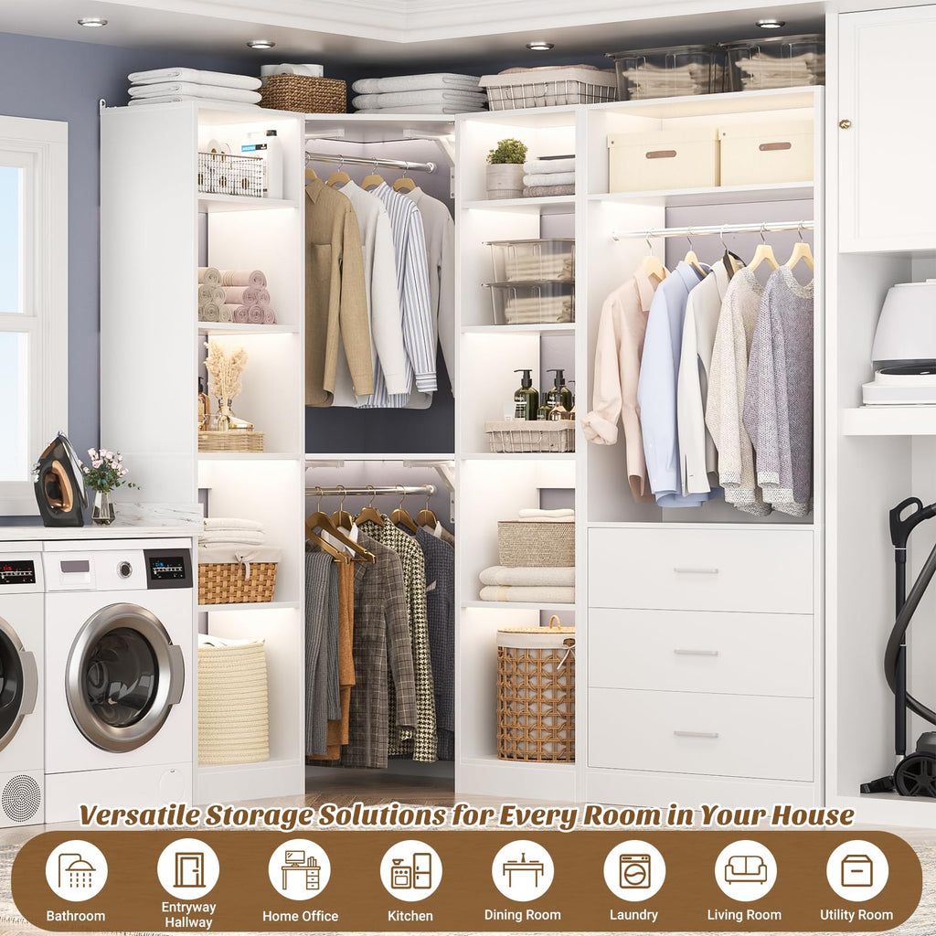 Corner Closet System with 3 Drawers, Corner Closet Organizer System