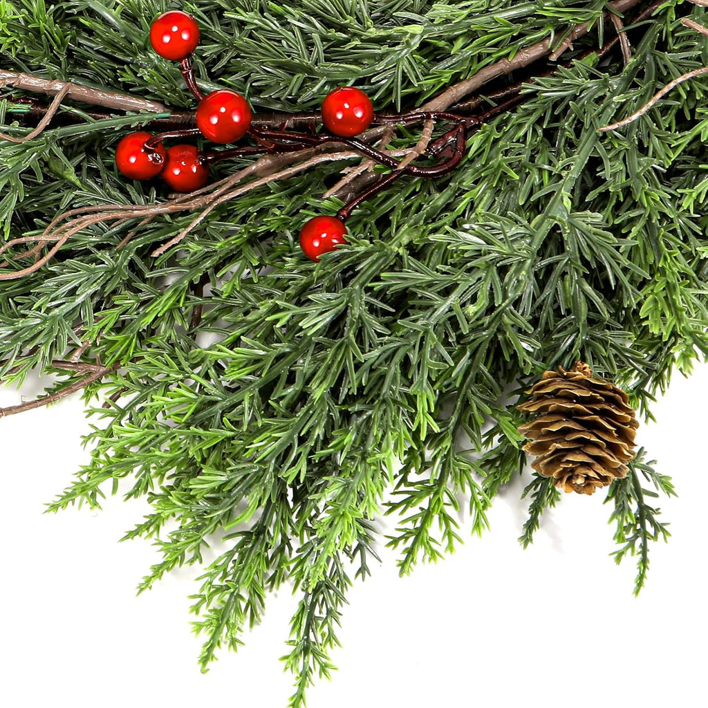 Faux Cedar Christmas Garland with Red Berries & Pine Cones - Full Faux Winter Greenery for Holiday Mantel, Staircase