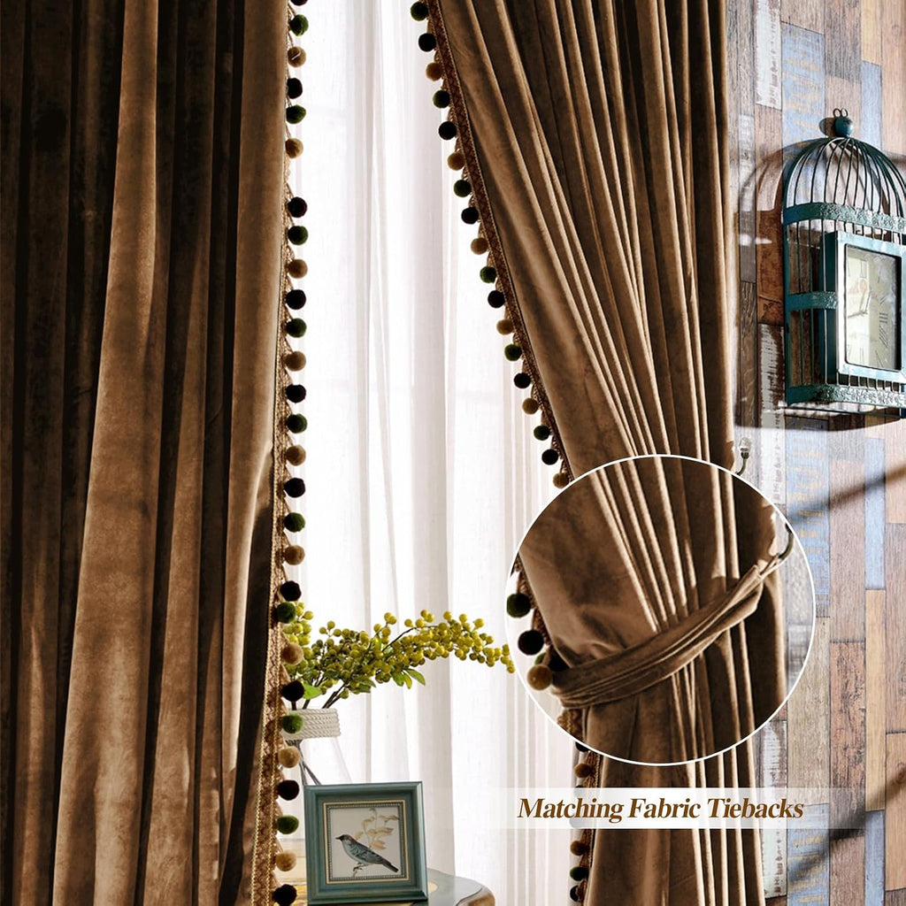 Luxury Pom Poms Velvet Curtains for Bedroom Living Room, Vintage Room Darkening Rod Pocket Window Decorative Drapes