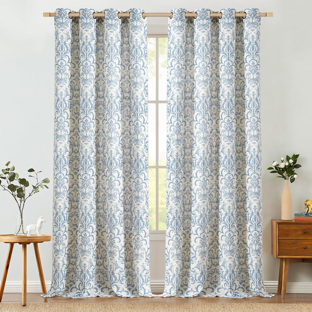 Curtains, Light Filtering 96 Inch Length 2 Panels Set, Baroque Style Linen Blend Drapes Living Room, Vintage Damask