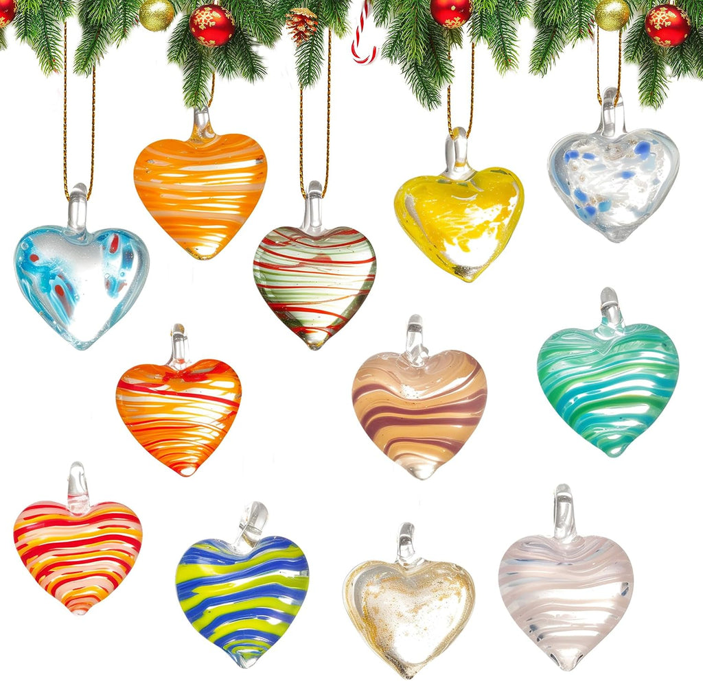 Blown Glass Heart Ornaments 1.4'' Multi-Colored Heart Baubles Hanging - Set of 12
